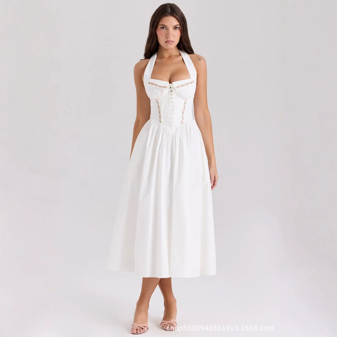 Damen Sommerkleid mit verstellbaren Trägern und floralen Applikationen Drune