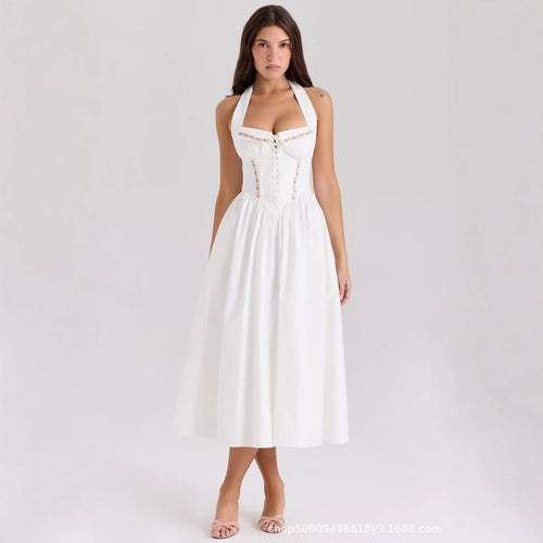 Damen Sommerkleid mit verstellbaren Trägern und floralen Applikationen Drune