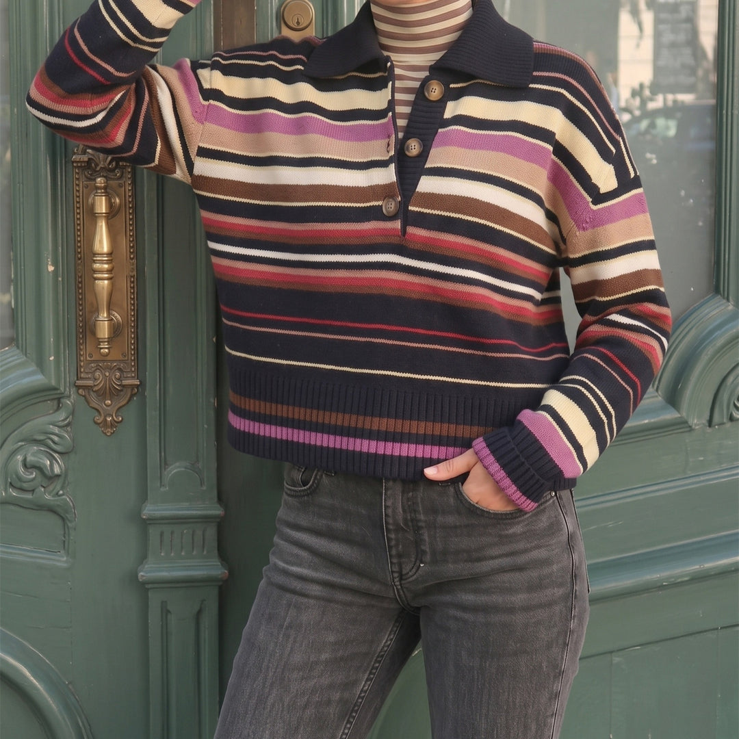 Damen Gestreifter Strickpullover mit Polokragen & Knopfleiste Drune