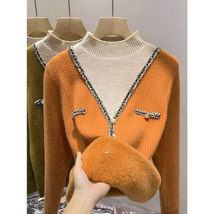 Damen modischer V-Pullover mit Schimmer-Details und Knöpfen Drune