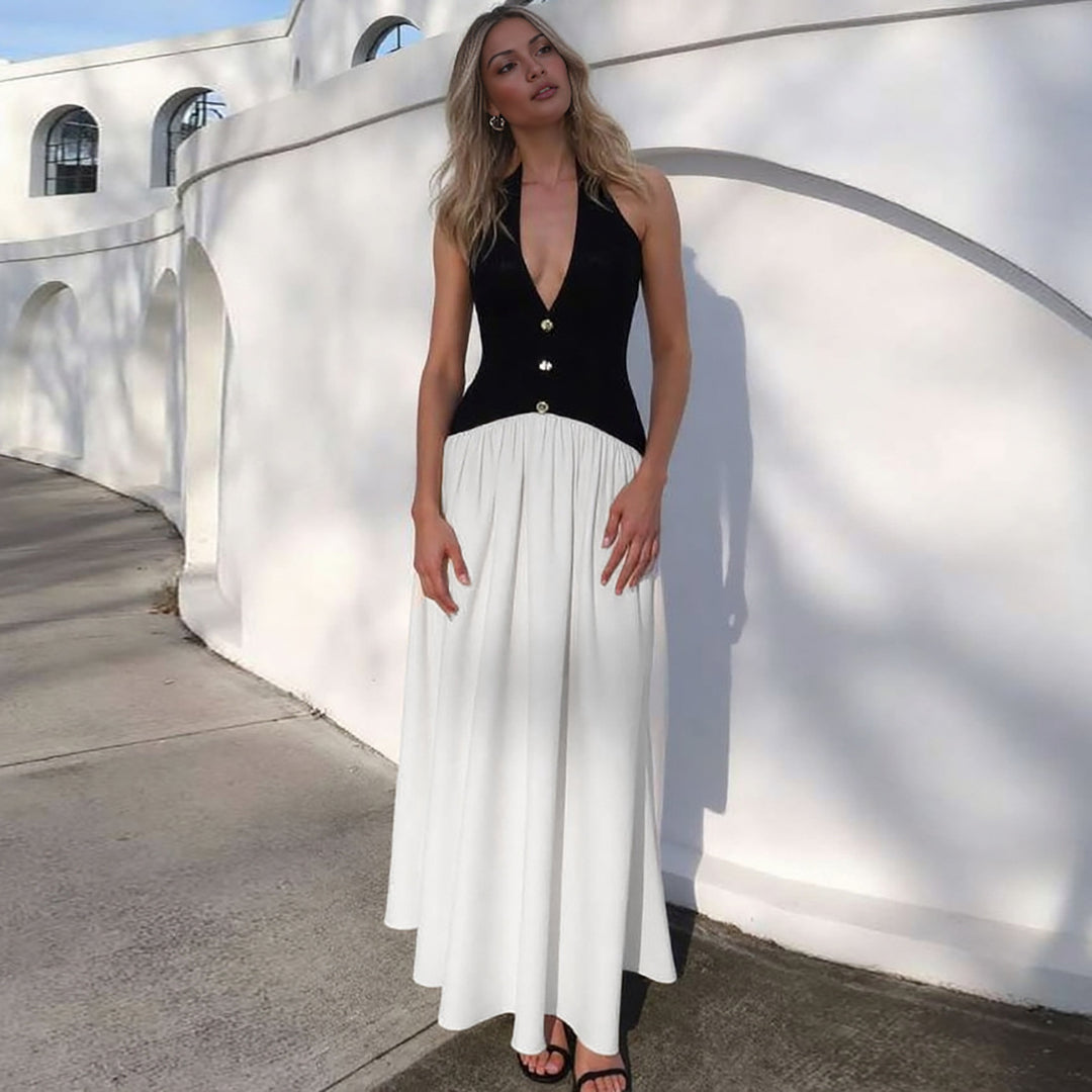Damen Elegantes Maxikleid mit tiefem V-Ausschnitt und Knopfleiste Drune