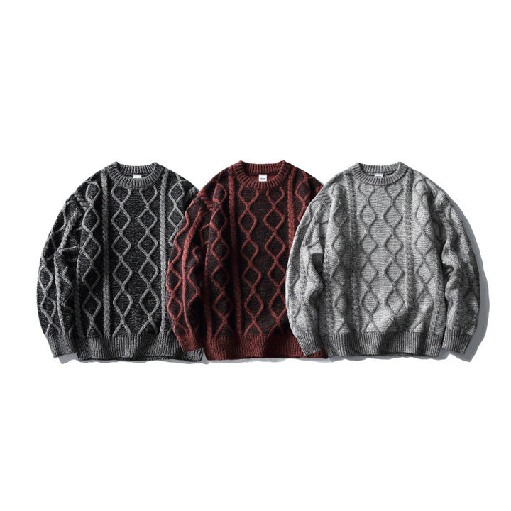 Unisex Oversize-Strickpullover mit Zopfmuster‑Jacquard, Rundhalsausschnitt und gerippten Bündchen Drune