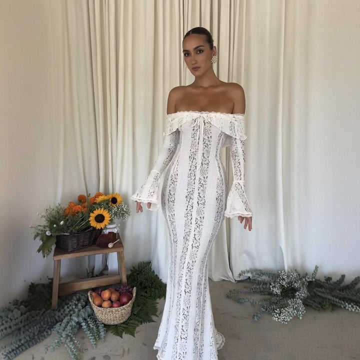 Damen Spitzen-Maxikleid mit tiefem Herz-Ausschnitt und langem Arm Drune