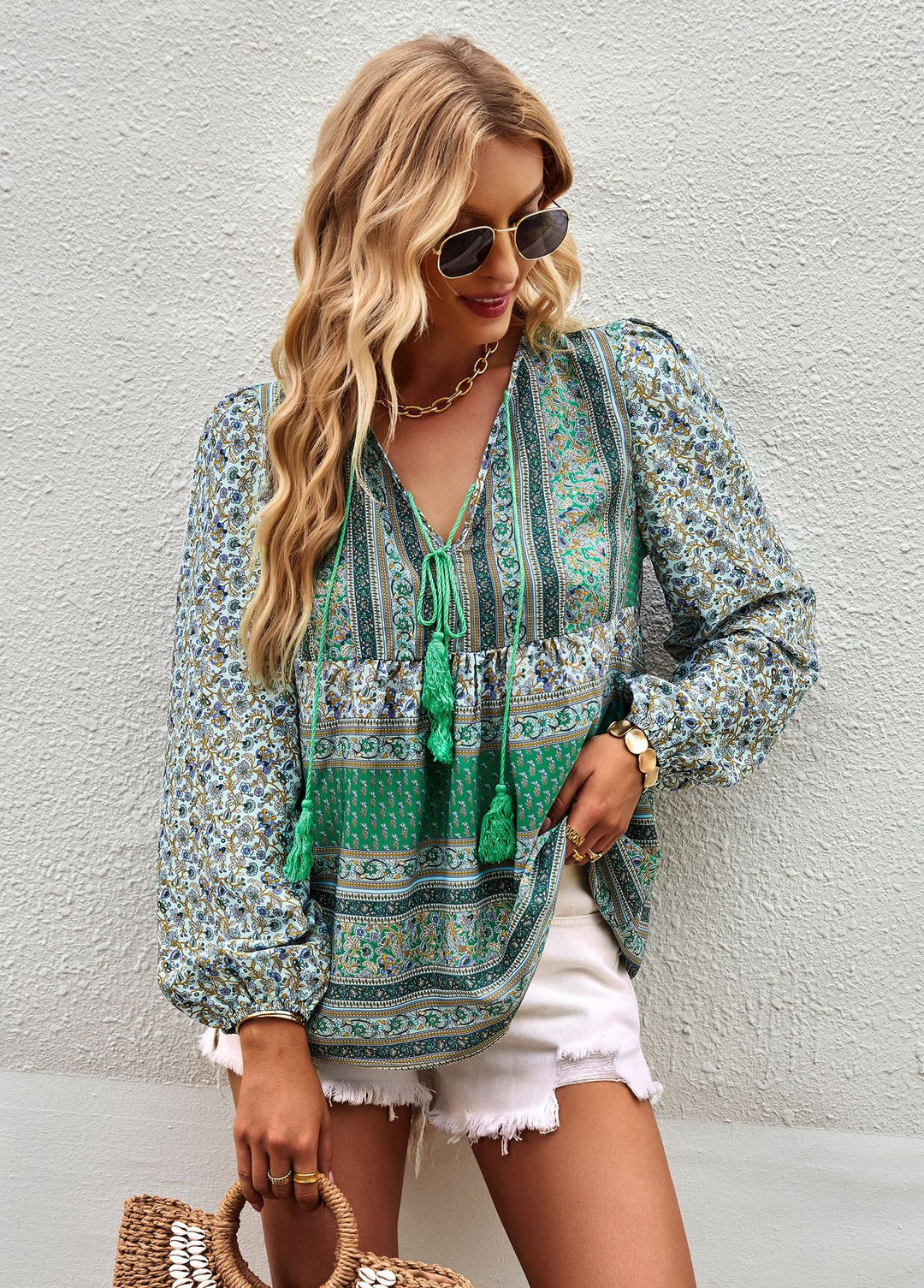 Damen nan lockere Boho-Tunika-Bluse mit V-Ausschnitt, Quasten-Tie und gerafften Ballonärmeln Drune