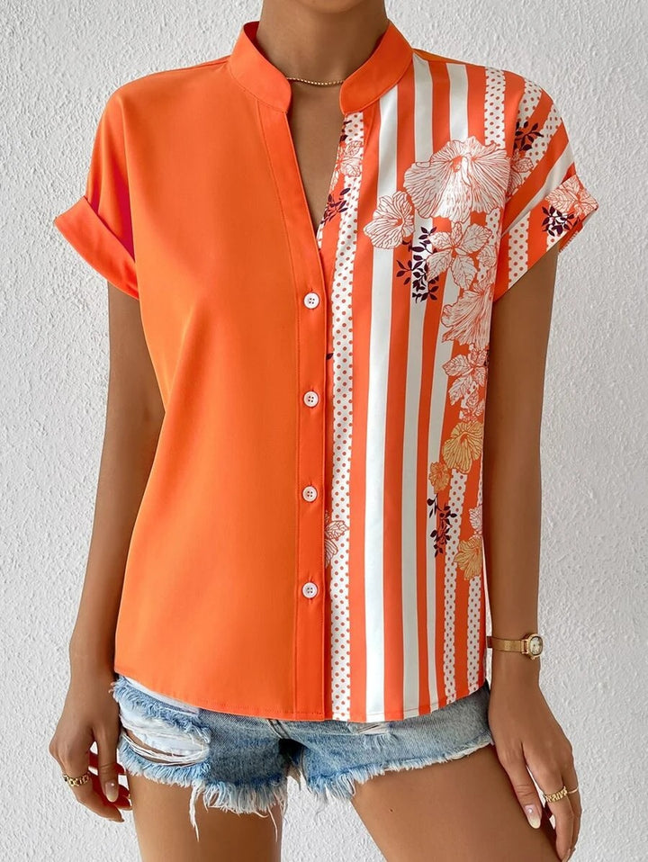 Damen Kurzarmbluse mit Stehkragen und asymmetrischem Streifen‑Blumenprint Drune