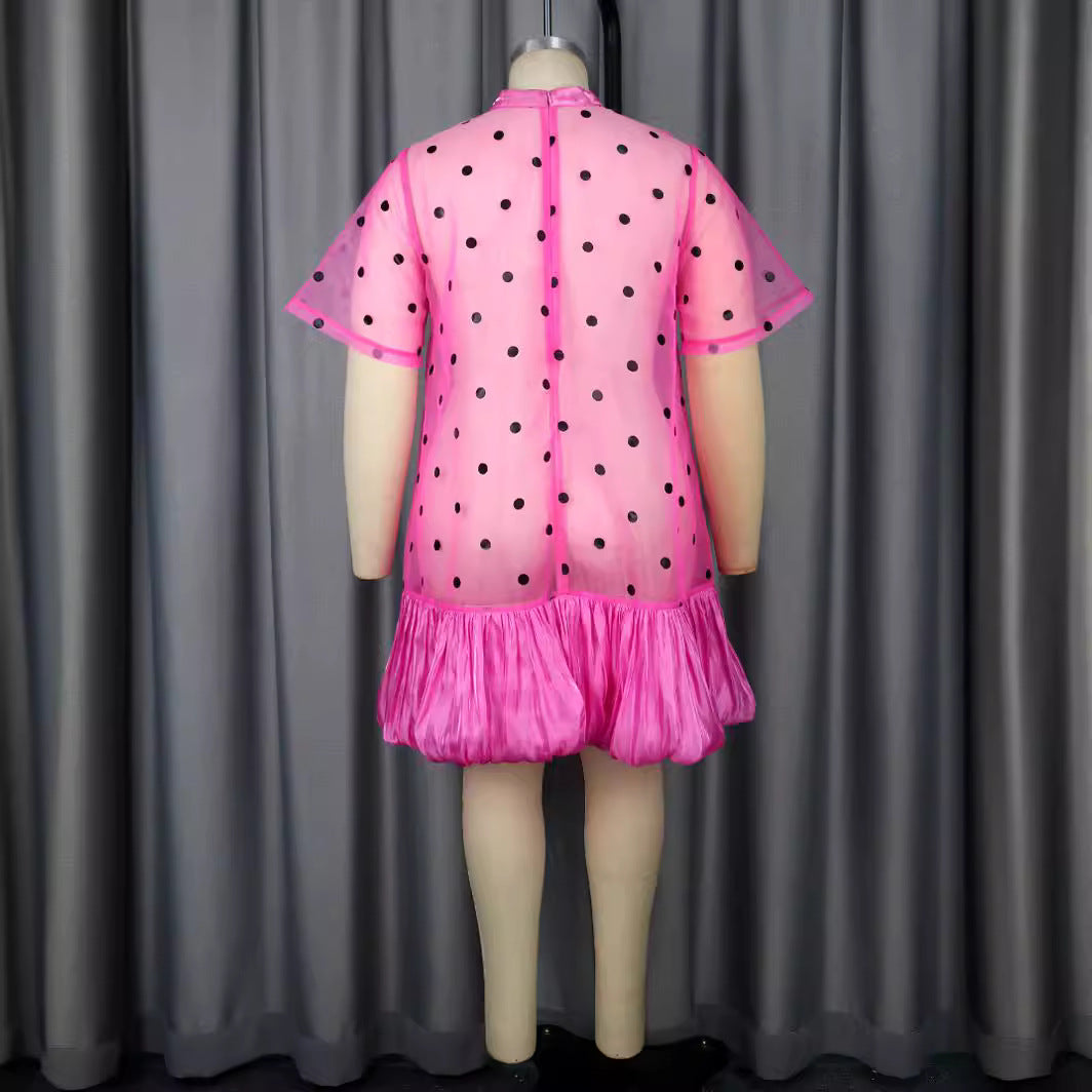 Damen Transparentes Polka-Punkte Kleid mit Rüschensaum Drune