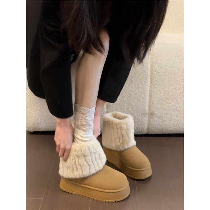 Damen Warme Kurzboots mit Kunstfellmanschette und Plateau-Sohle Drune