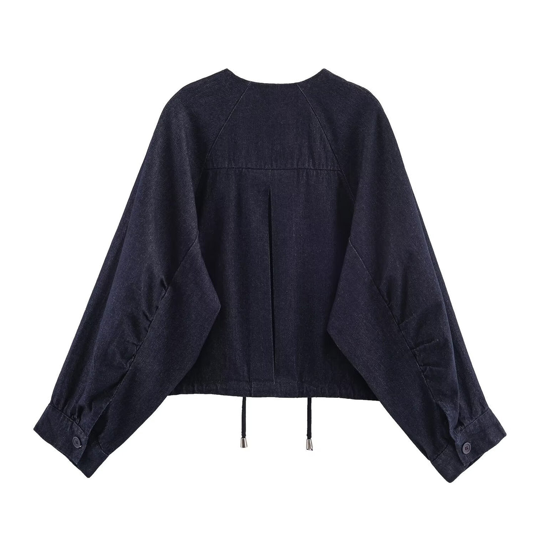 Damen Oversized Cropped Denim-Jacke mit Tunnelzug, Raglanärmeln und verdeckter Druckknopfleiste Drune
