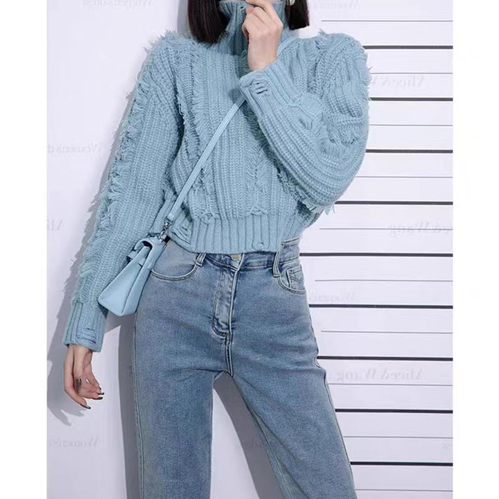 Damen Grobstrickpullover mit hohem Kragen und modernen Fransen Drune