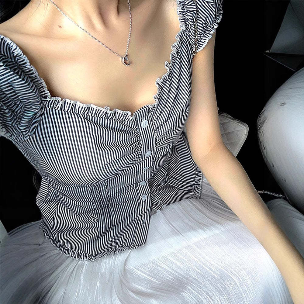 Damen Off-Shoulder Bluse mit feinen Rüschendetails und gestreiftem Muster Drune