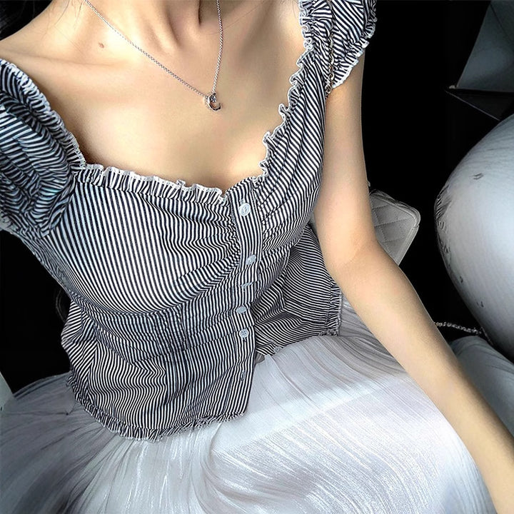 Damen Off-Shoulder Bluse mit feinen Rüschendetails und gestreiftem Muster Drune