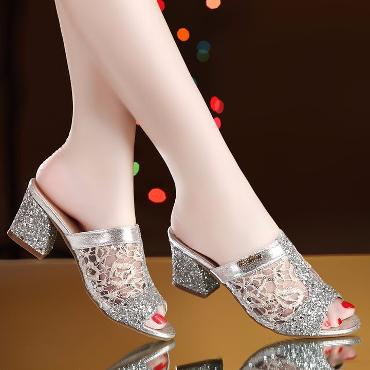 Damen nan elegante offene Pantolette mit feinem Netz, funkelnden Applikationen und mittelhohem Blockabsatz Drune