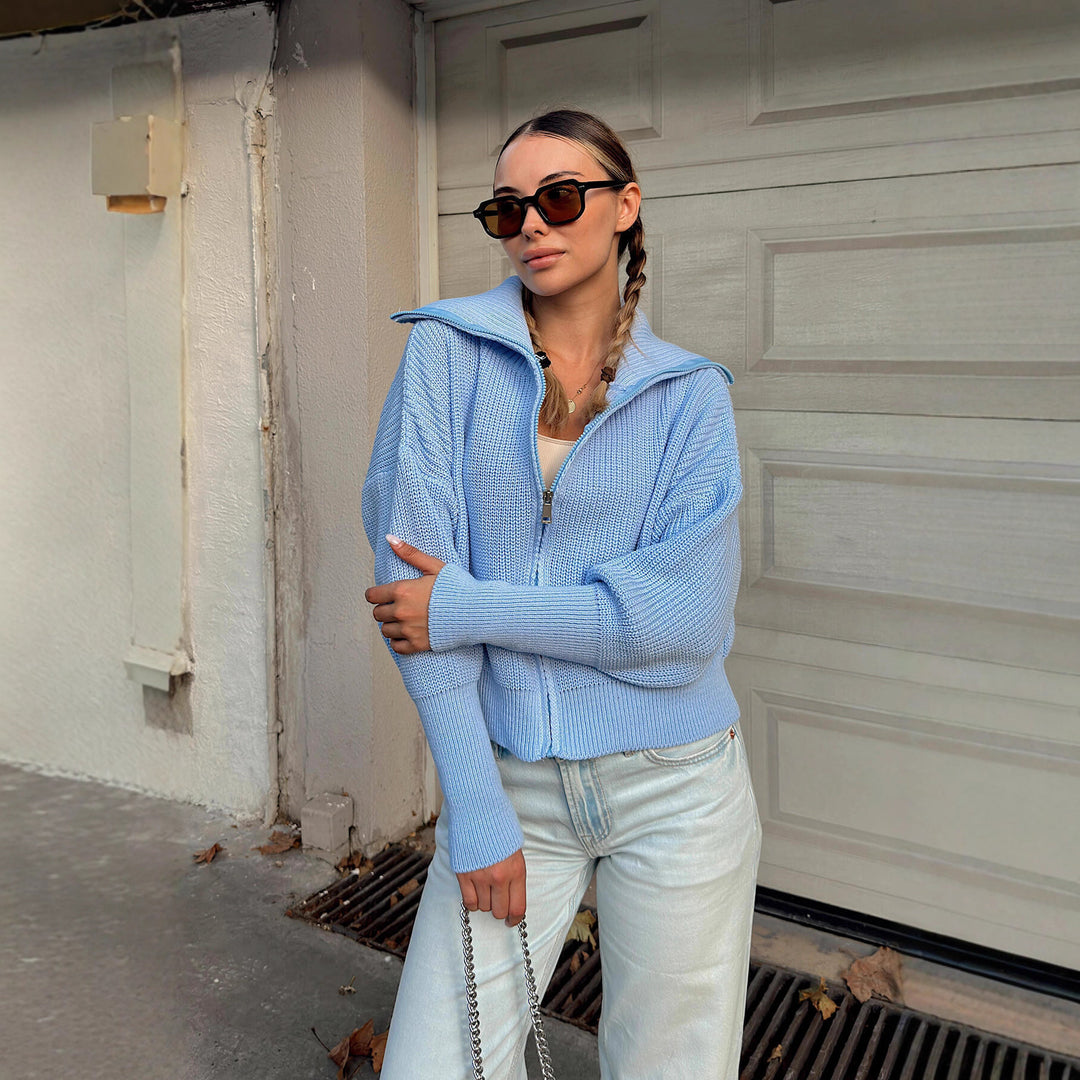 Damen Oversized Strickjacke mit hohem Kragen und Reißverschluss Drune