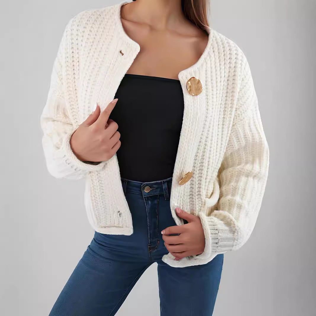 Damen kuschelige Strickjacke mit großen Knöpfen und aufgesetzten Taschen Drune