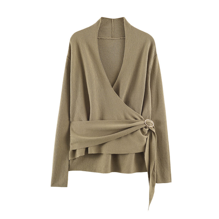 Damen Wickel-Strickpullover mit Gürtelring und tiefem V-Ausschnitt Drune