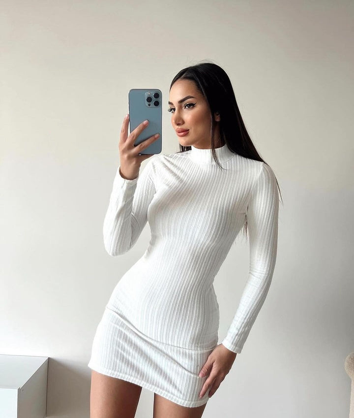 Damen Enganliegendes Rippstrick-Minikleid mit Rollkragen und langen Ärmeln Drune