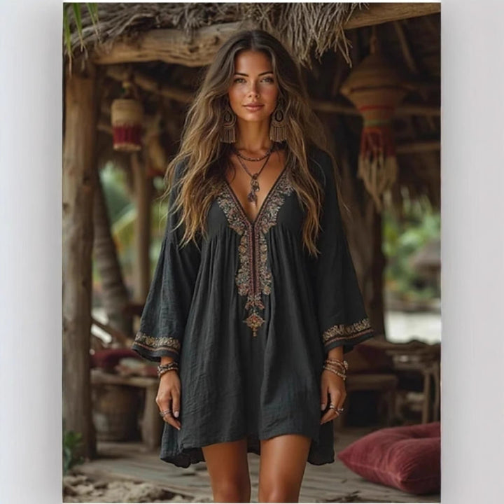 Damen Strandkleid mit kunstvoller Stickerei und weiten Ärmeln Drune