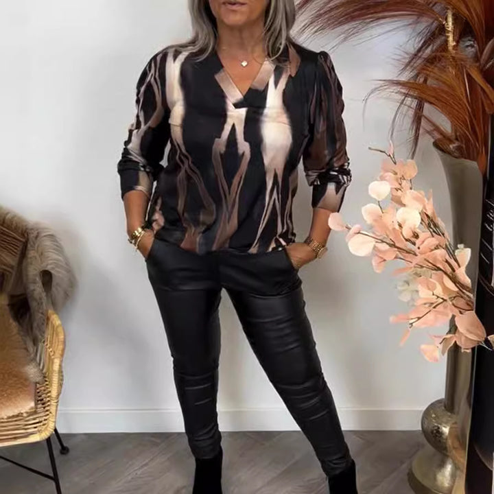 Damen nan stylisches Casual-Set aus V-Ausschnitt-Printshirt und Lederoptik-Leggings Drune