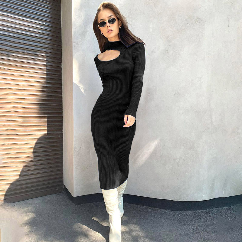 Damen Rippstrick-Midikleid mit Ausschnitt und langem Ärmel Drune