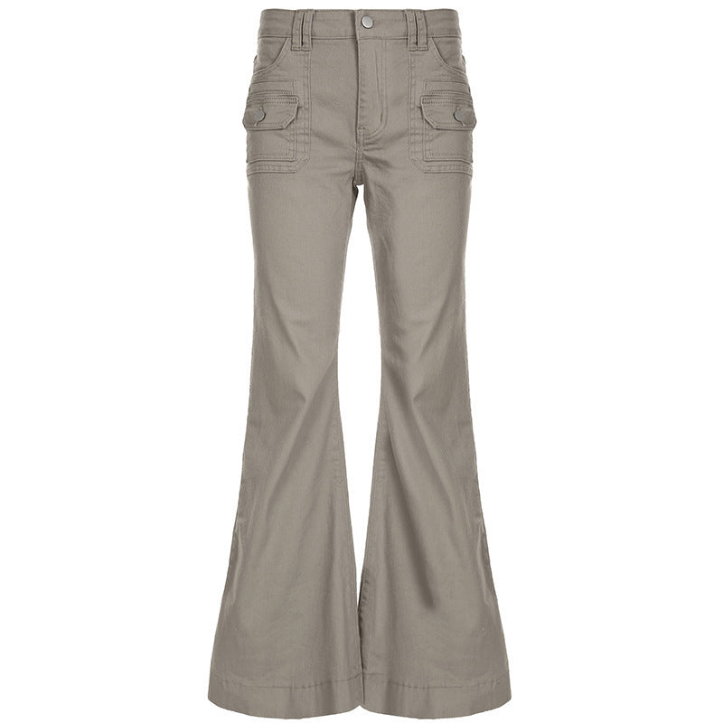 Damen High‑Waist Cargo‑Flaréhose mit weitem Schlag und aufgesetzten Taschen Drune