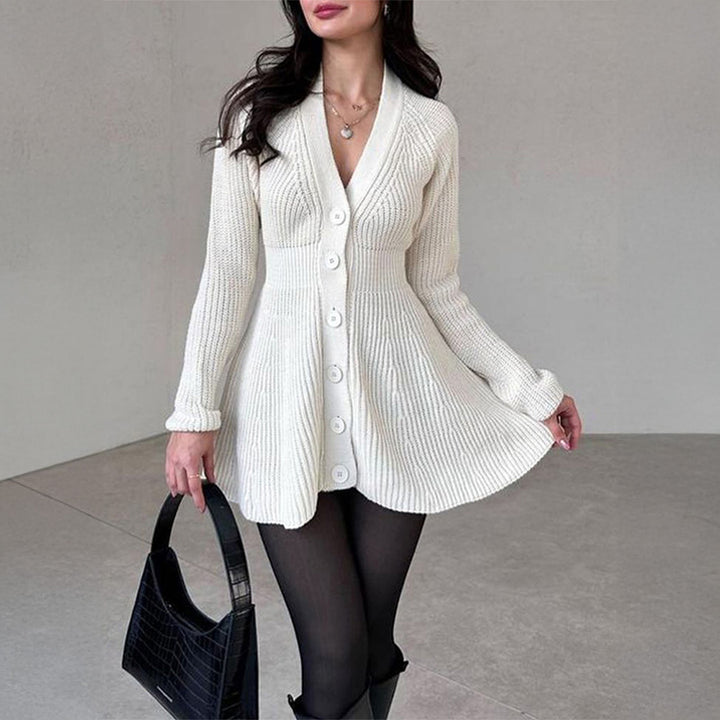 Damen nan tailliertes Strickkleid mit durchgehender Knopfleiste, V‑Ausschnitt und ausgestelltem A‑Linien‑Rock Drune