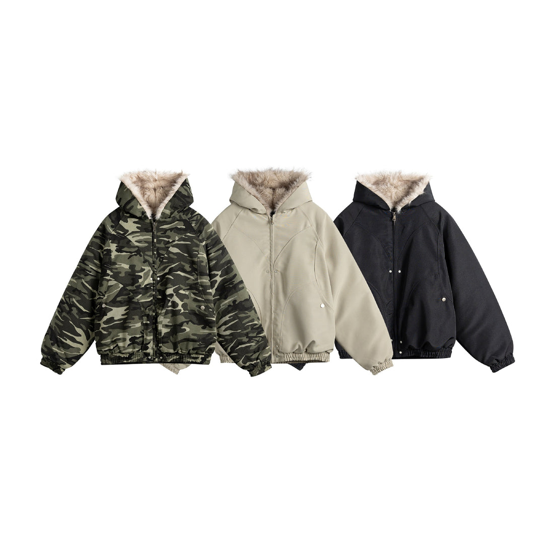 Damen Kurz geschnittene Camouflage-Übergangsjacke mit Kunstfellkapuze und elastischem Saum Drune