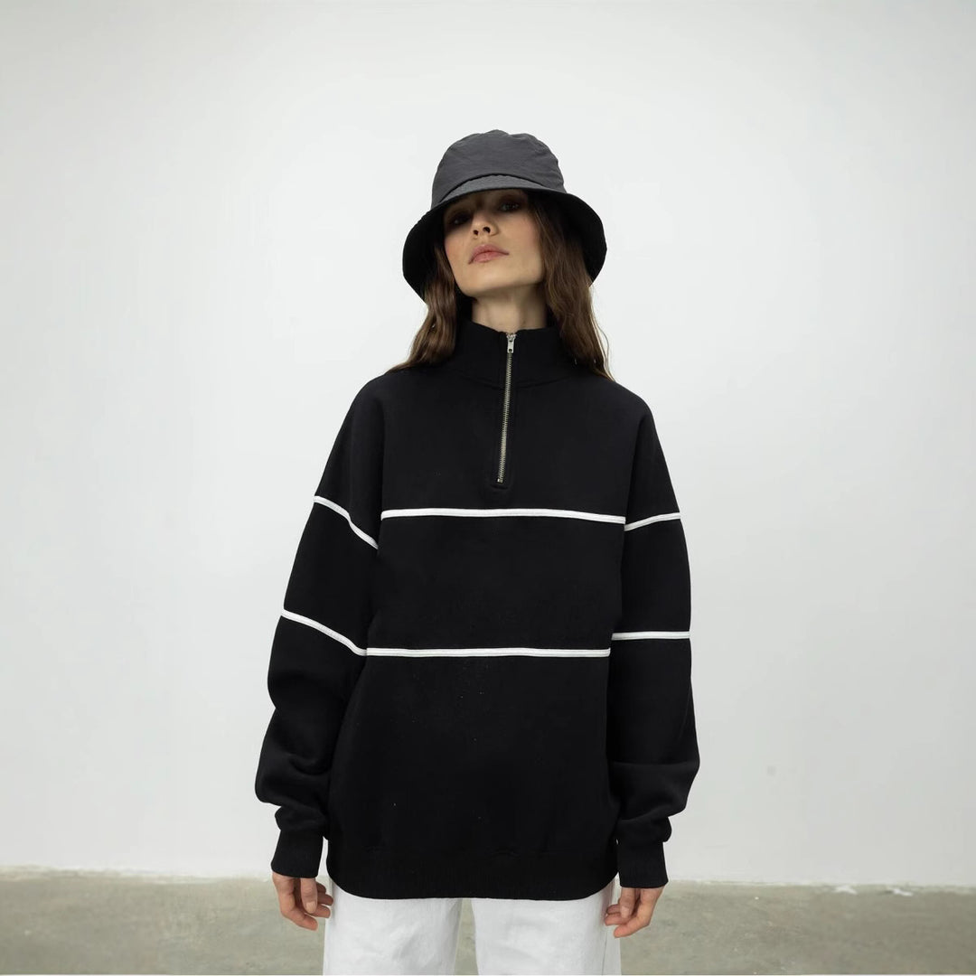 Damen Oversized Kapuzenpullover mit Reißverschluss und Streifenmuster Drune