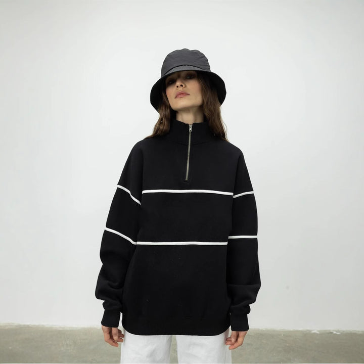 Damen Oversized Kapuzenpullover mit Reißverschluss und Streifenmuster Drune