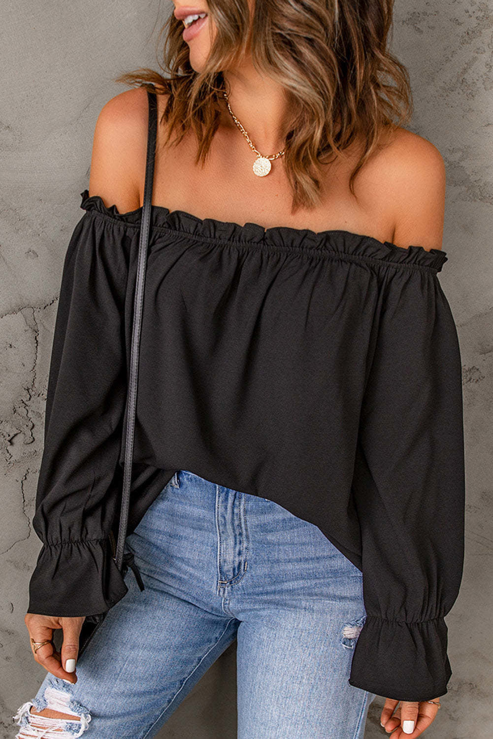 Damen Off-Shoulder Bluse mit Rüschendetails Drune