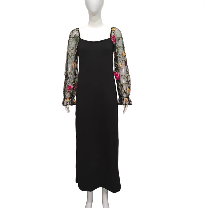 Damen Maxikleid mit schmaler Silhouette und bestickten Tüll-Puffärmeln Drune