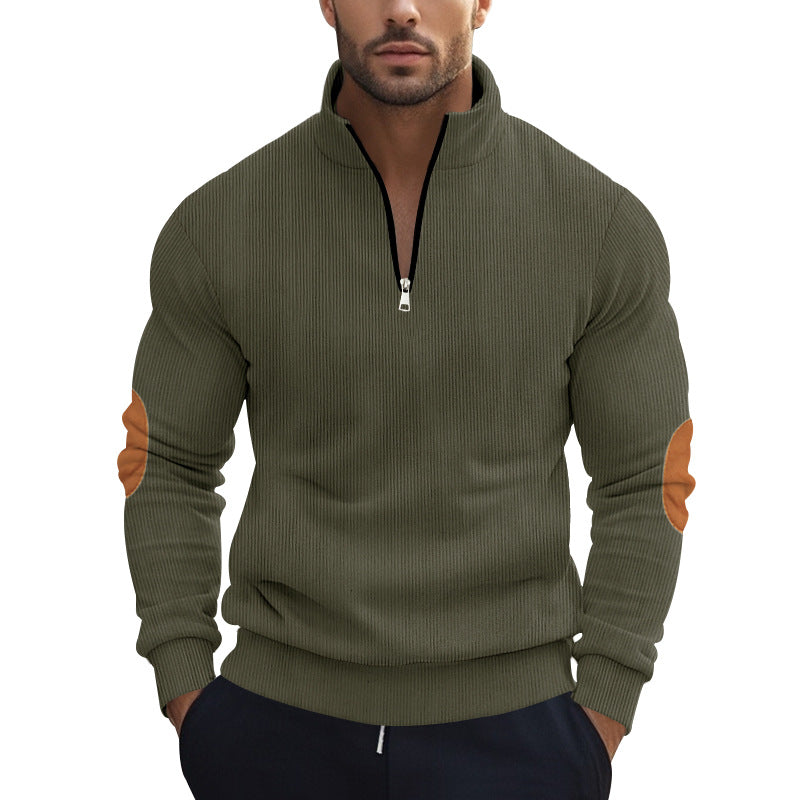 Herren nan strukturierter Baumwoll-Strickpullover mit halbem Reißverschluss und Ellenbogenbesatz Drune