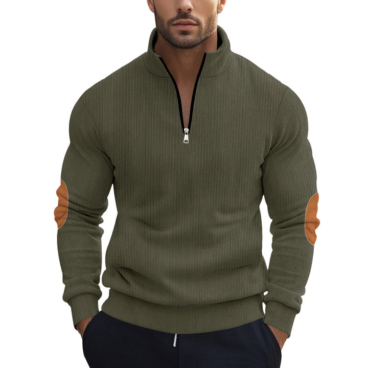 Herren nan strukturierter Baumwoll-Strickpullover mit halbem Reißverschluss und Ellenbogenbesatz Drune