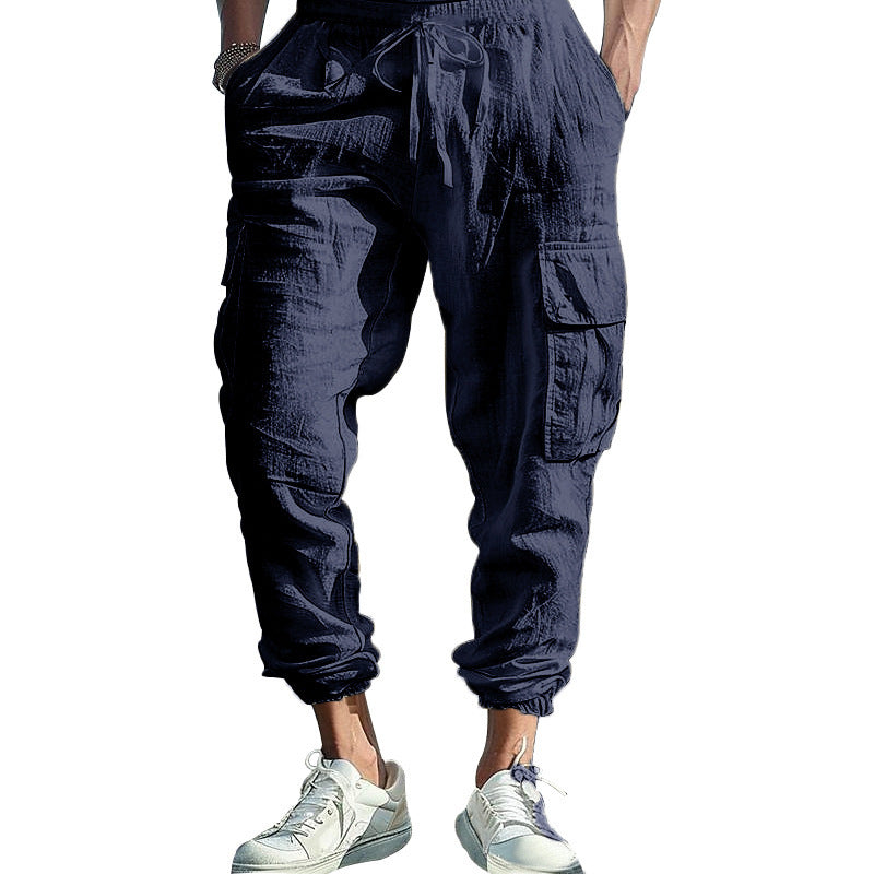 Herren nan lässige Cargohose im Joggerstil mit Crinkle-Leinenoptik Kordelbund und Mehrfachtaschen Drune