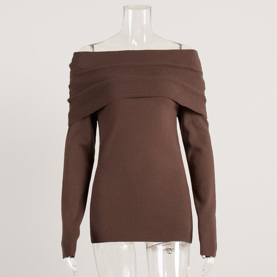 Damen schulterfreier Feinstrick-Pullover mit umlegbarem Carmenkragen Drune