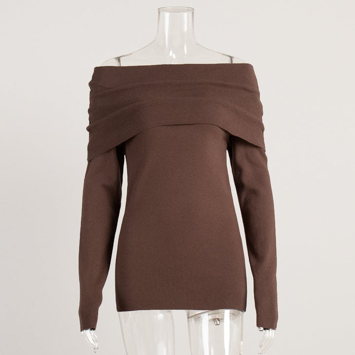Damen schulterfreier Feinstrick-Pullover mit umlegbarem Carmenkragen Drune