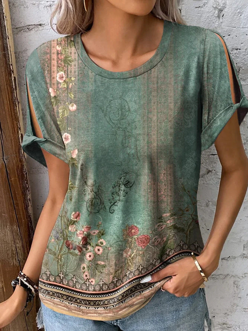 Damen T-Shirt mit floralem Muster und cut-out Ärmeln Drune