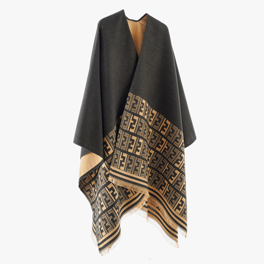 Damen Eleganter Cape-Überwurf im Kimono-Schnitt mit eingewebtem Monogramm und Fransensaum Drune