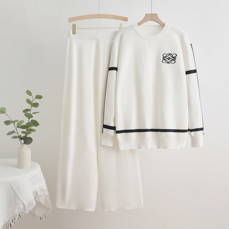 Damen modisches Freizeit-Loungewear-Set mit breiten Beinen und dezentem Logo Drune
