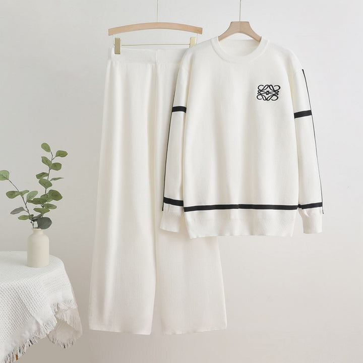 Damen modisches Freizeit-Loungewear-Set mit breiten Beinen und dezentem Logo Drune