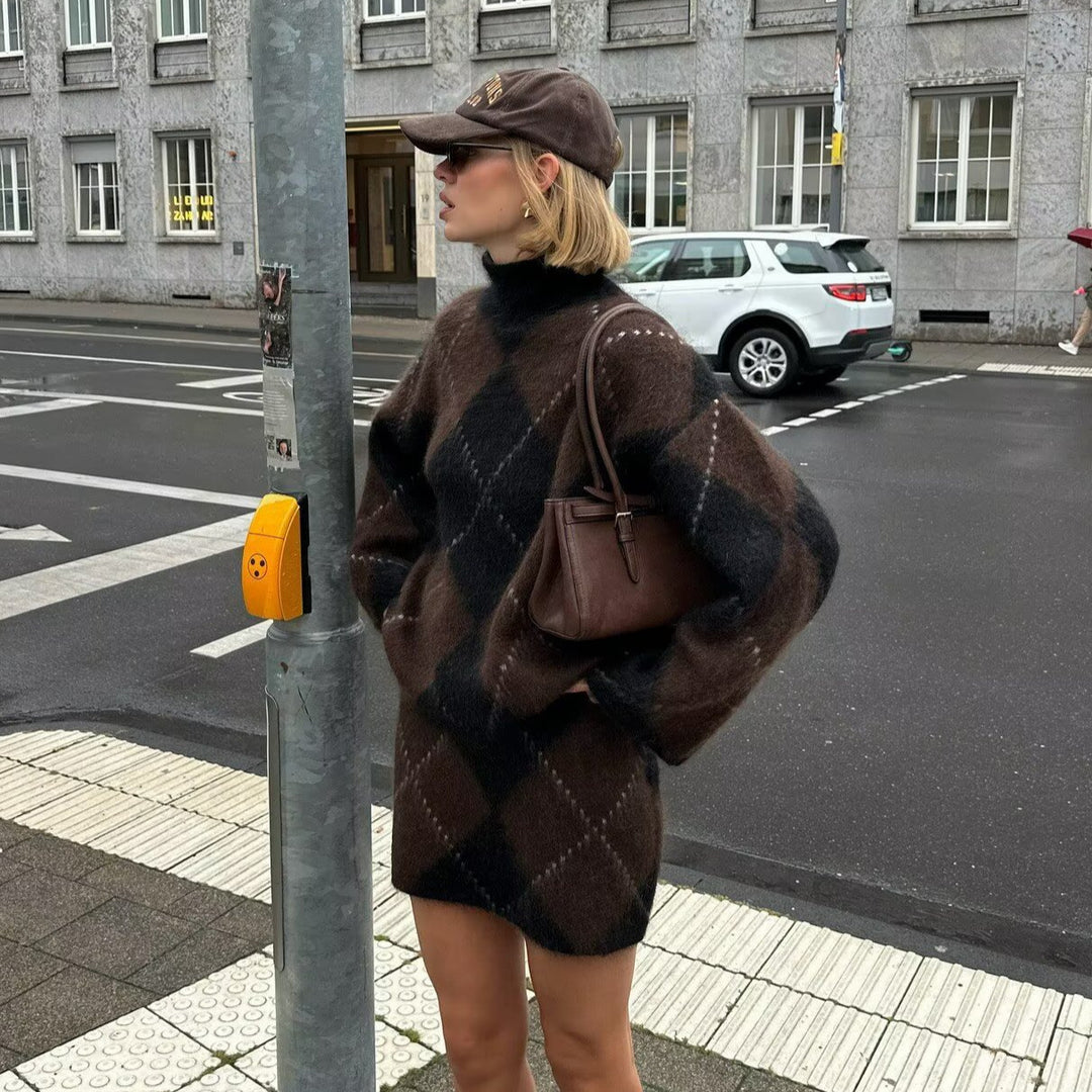 Damen Grobgestrickter Rollkragenpullover mit Argyle‑Muster Drune
