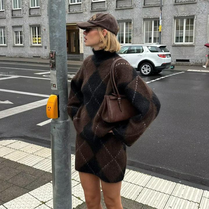 Damen Grobgestrickter Rollkragenpullover mit Argyle‑Muster Drune