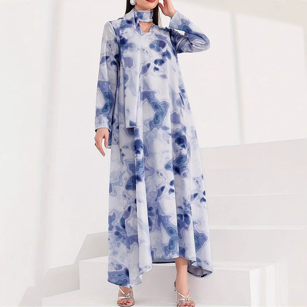 Damen Maxikleid mit kunstvollem Muster und elegantem Stehkragen Drune