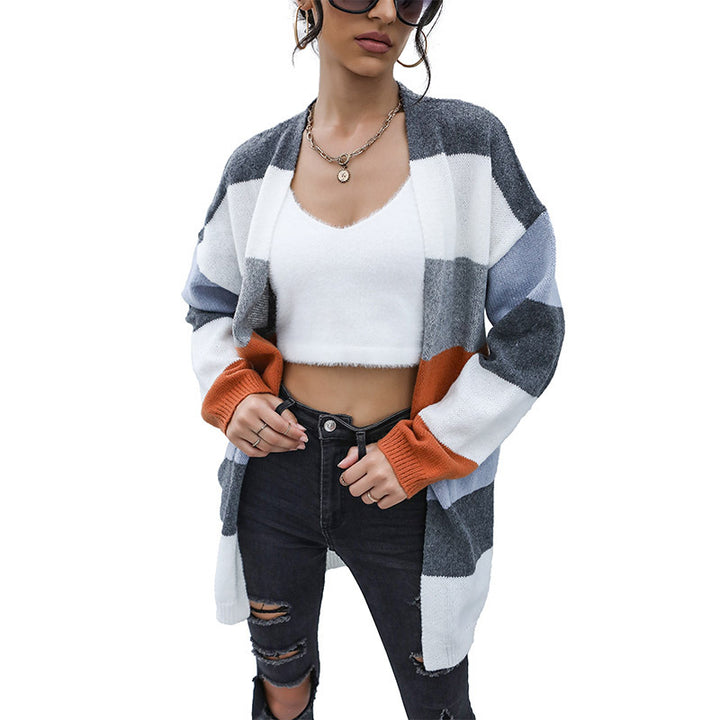 Damen Oversize Strickcardigan mit Blockstreifen und offener Front Drune