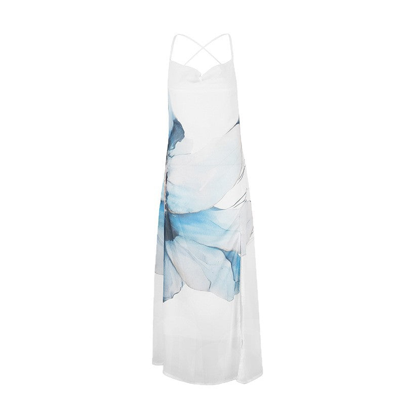 Damen Maxikleid mit zartem Blumenmotiv und spielerischen Spaghettiträgern Drune