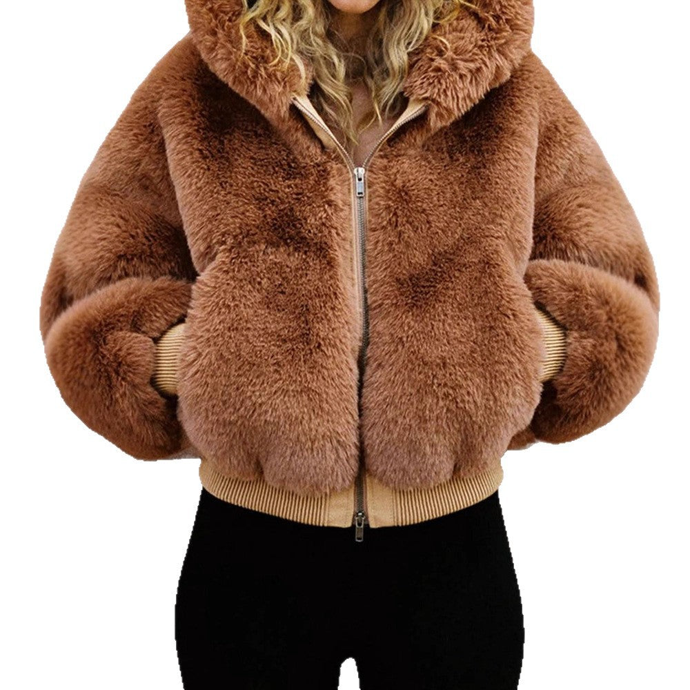 Damen Kurze Teddy-Fauxfur-Bomberjacke mit Kapuze, breitem Rippsaum und Zweiwege-Reißverschluss Drune