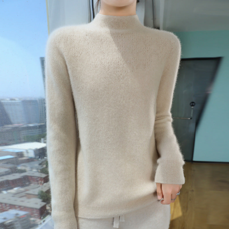 Damen Schlanker minimalistischer Stehkragen-Feinstrickpullover mit geripptem Hals Drune