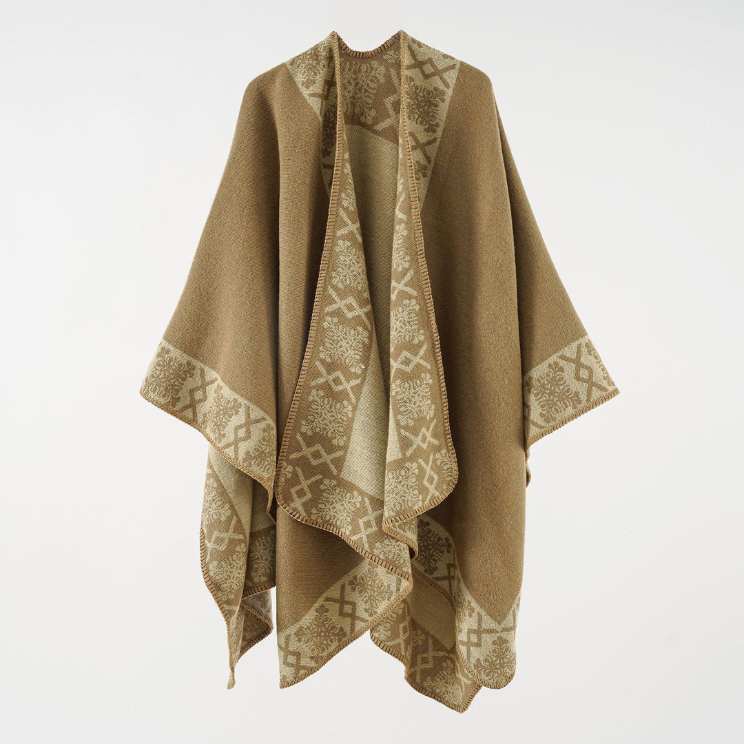Damen Oversize-Umhangponcho aus Wollmix mit gewebter Bordüren-Jacquard und Zierkettelnaht Drune