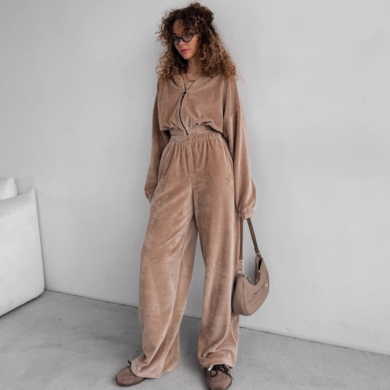 Damen sportlicher Fleece-Overall mit hohem Kragen und elastischem Bund Drune