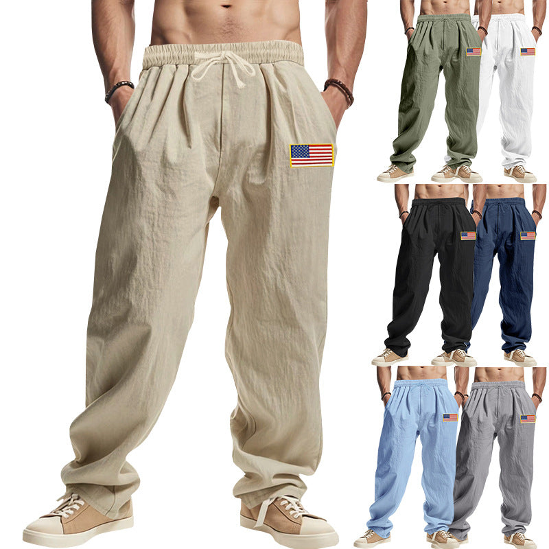 Herren Locker sitzende Freizeit-Hose im Leinen-Look mit elastischem Bund, Kordelzug & Flaggenpatch Drune