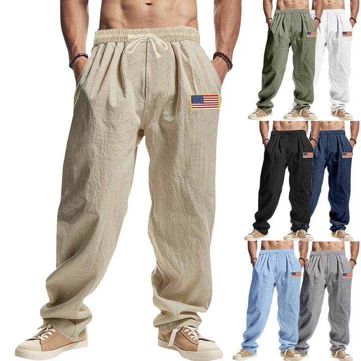 Herren Locker sitzende Freizeit-Hose im Leinen-Look mit elastischem Bund, Kordelzug & Flaggenpatch Drune